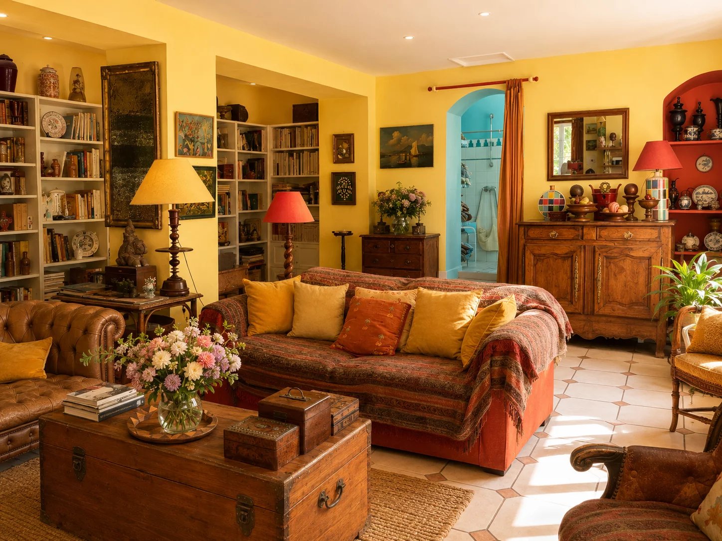 Interior of a property with a warm living room, wooden furniture and colorful decor.