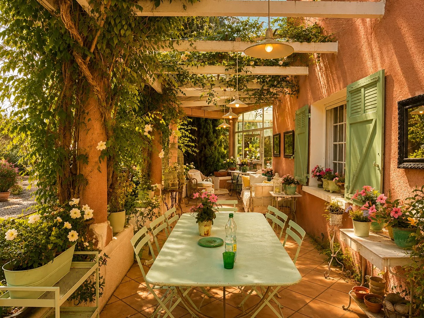 Terrace of a property with plants and outdoor furniture, Orgon, Provence.