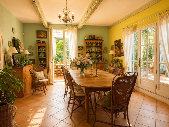 Bright dining room with wooden table and Provençal decor, overlooking the garden.