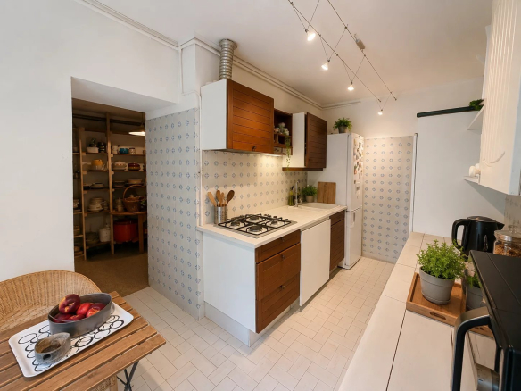 Modern kitchen with wooden furniture and light tiles in a house in Marseille.