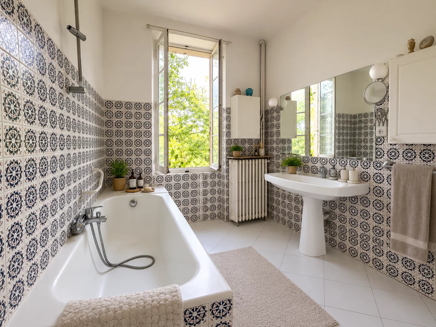 Bathroom with bathtub, decorative tiles and a window letting in light.
