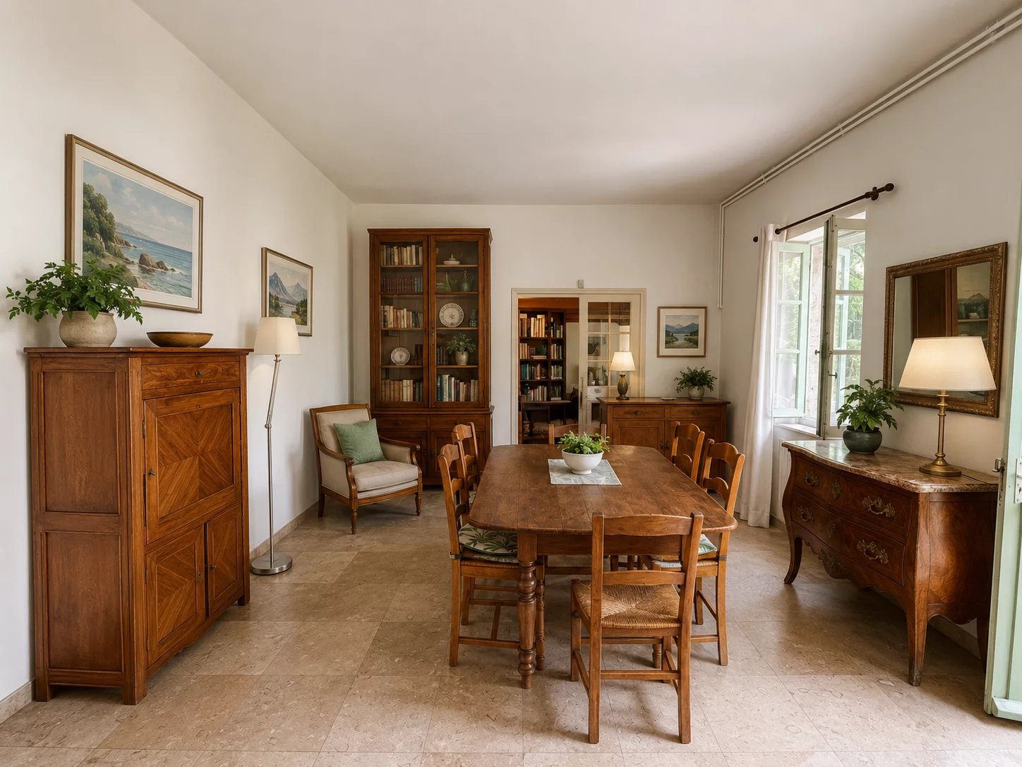 Interior of a house for sale with wooden dining room and library.