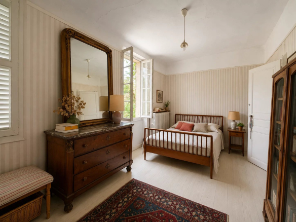 Room in a house for sale in Marseille 8th arrondissement, with wooden furniture and open windows.