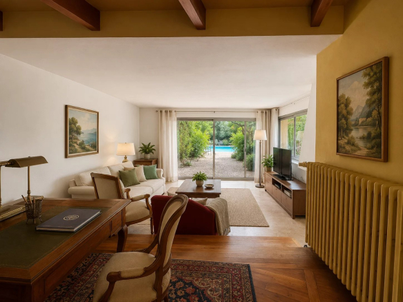 Interior of a house for sale in Marseille 8th arrondissement, with a bright living room and a view of the outdoor pool.