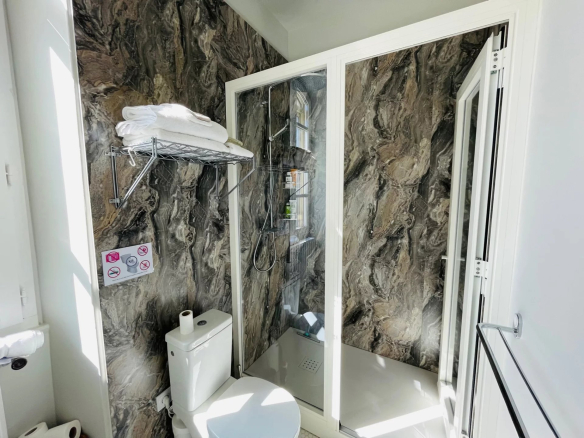 Modern bathroom with shower and toilet, marble walls, natural lighting.