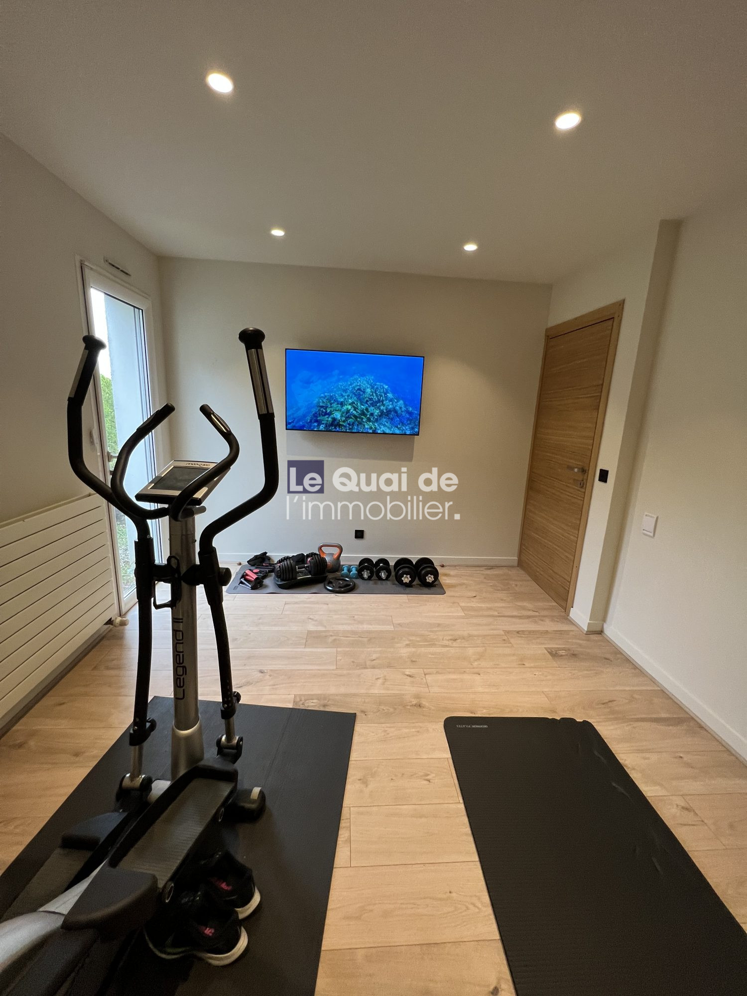 1770966330_VM8231_13_original Home gym with an elliptical trainer on a black mat, free weights and kettlebells along the wall, and a wall-mounted TV.