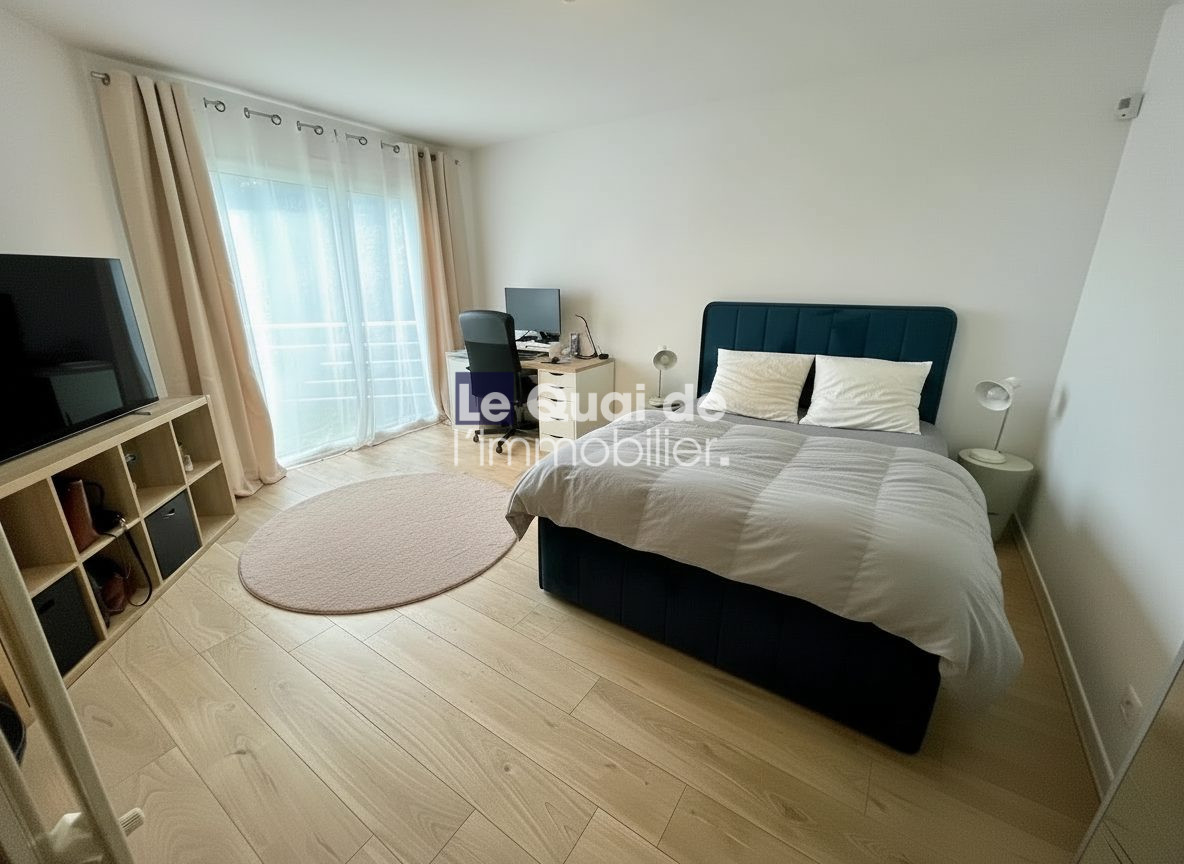 1772459683_VM8231_25_original Blue upholstered bed with two white pillows, nightstands with lamps, desk with computer by a large window with beige curtains and light wood floor, circular rug nearby.