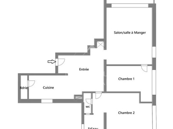 Plan d'un appartement de 70m2 à Paris 16ème avec 2 chambres, salon, cuisine et balcon.
