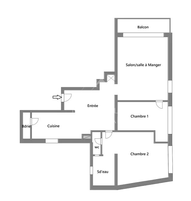 Plan de l’appartement à vendre Plan d'un appartement de 70m2 à Paris 16ème avec 2 chambres, salon, cuisine et balcon.