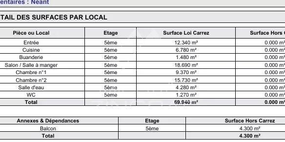 Détail des surfaces d'un appartement à vendre à Paris 16ème, incluant les pièces et leur superficie.