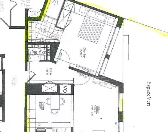 Plan d'un appartement de 2 pièces avec jardin et terrasse à Neuilly-sur-Seine.