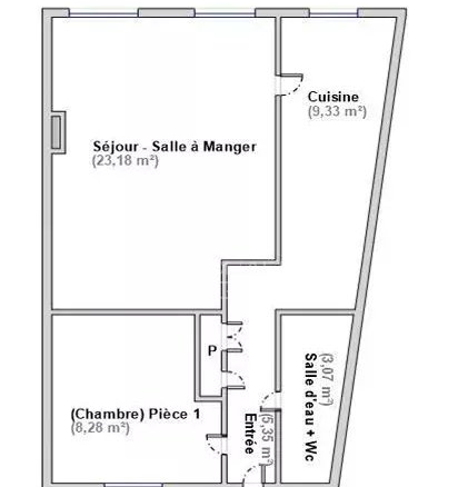 Plan d'un appartement de deux pièces à Paris 7ème, rénové en 2024, avec salon, cuisine et salle d'eau.