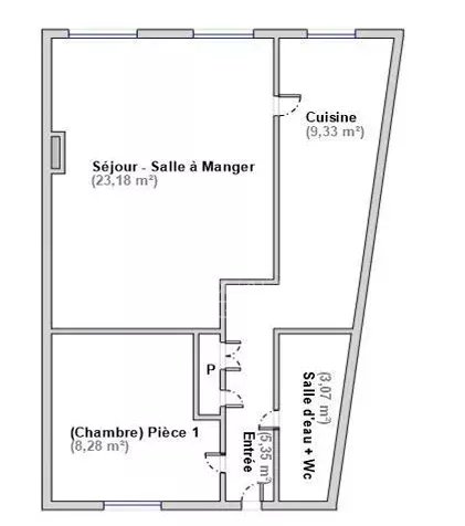 Plan de l’appartement à vendre Plan d'un appartement de deux pièces à Paris 7ème, rénové en 2024, avec salon, cuisine et salle d'eau.