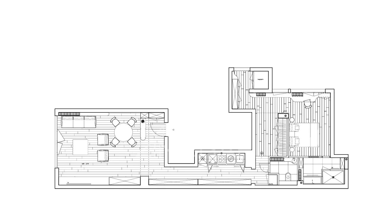 Plan d'un appartement rénové de 80m2 à Paris, Avenue George V, avec disposition des pièces.