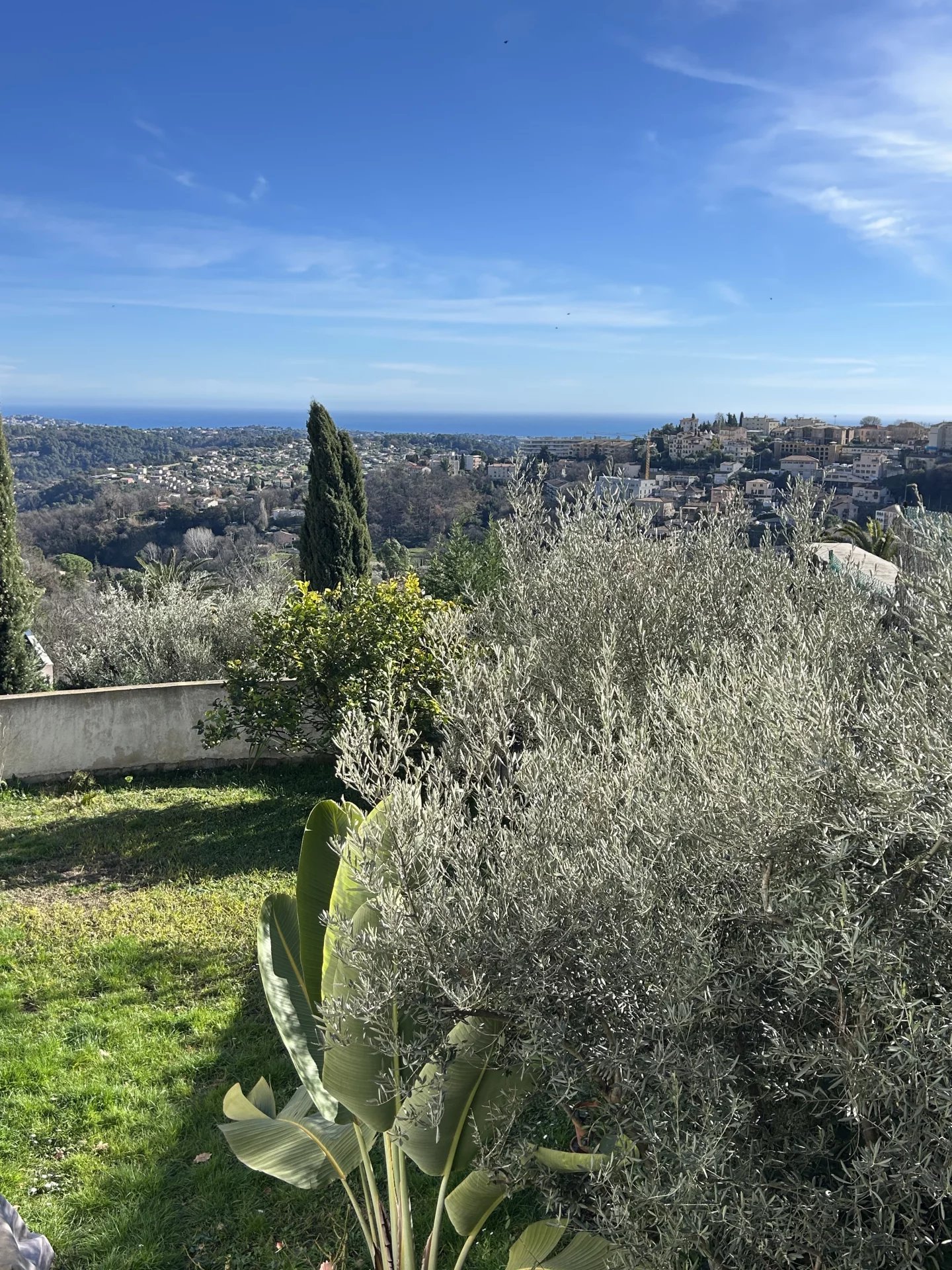 Unobstructed view of the sea and hills from a villa surrounded by vegetation in Vence.