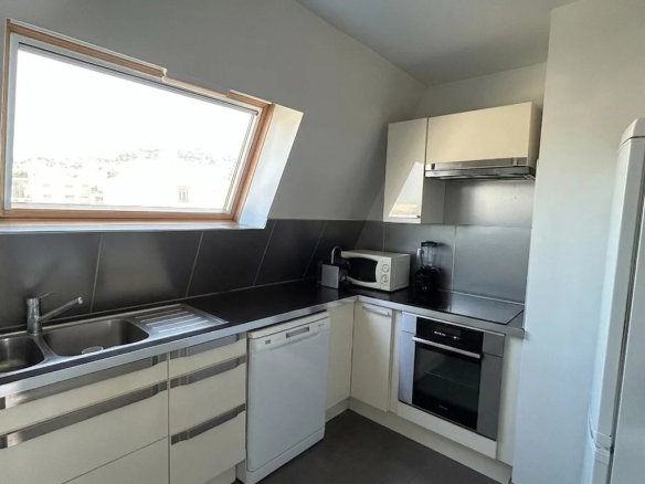 Modern and fully equipped kitchen in an apartment in Cannes, with a corner window.