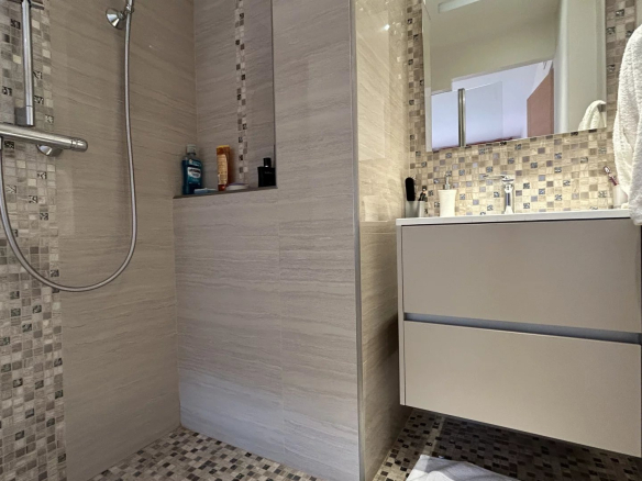 Modern bathroom with walk-in shower and vanity unit.