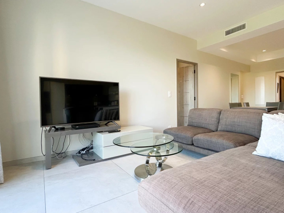 Salon moderne d'un appartement à Cannes avec télévision et canapé.