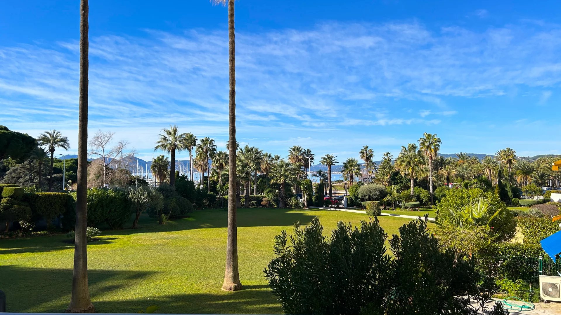 Vue sur le jardin et la Méditerranée à Cannes Vue dégagée sur un jardin avec des palmiers et la mer au loin à Cannes.