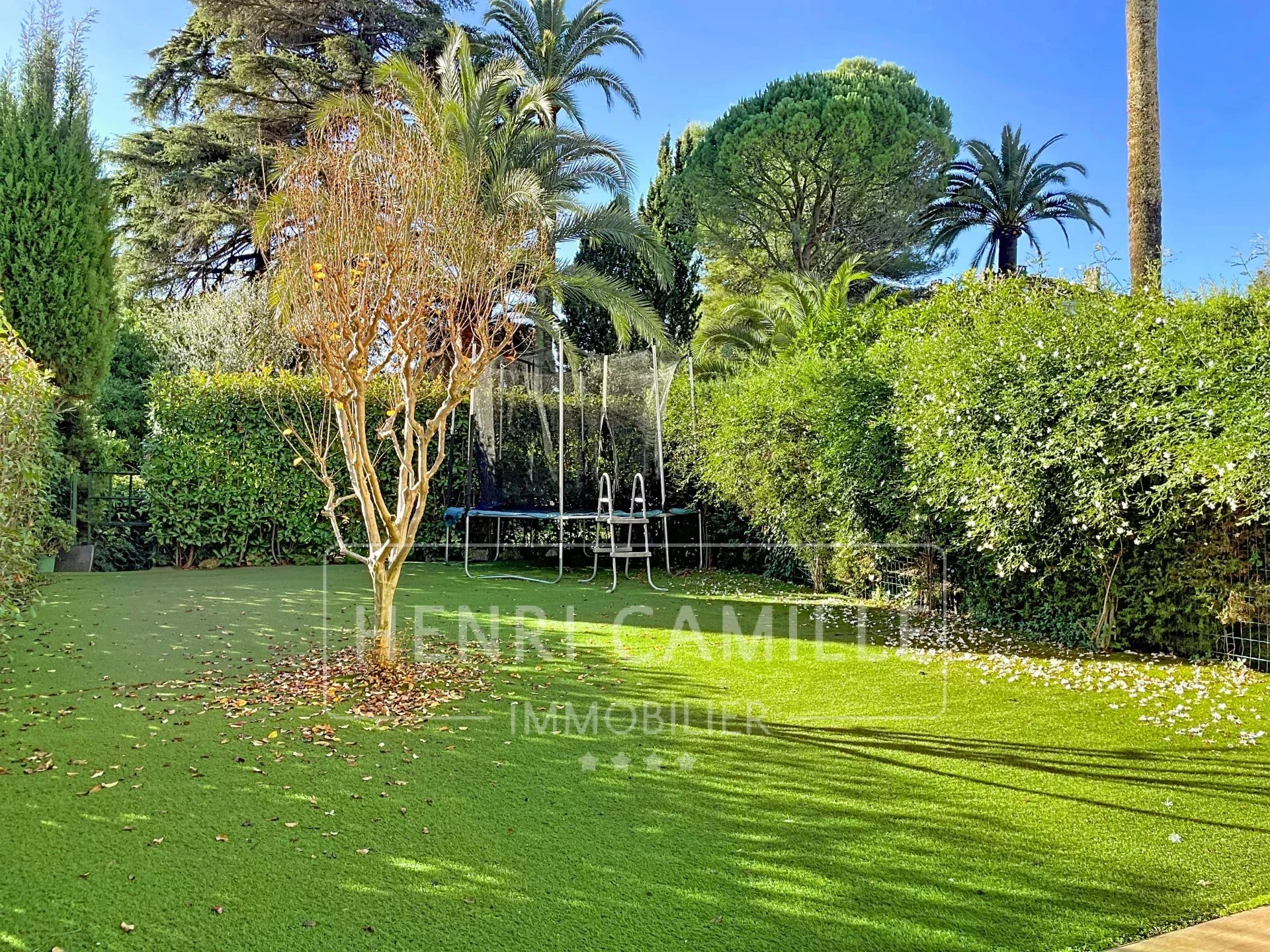 Jardin d'un appartement avec pelouse et arbres, entouré de haies verdoyantes.