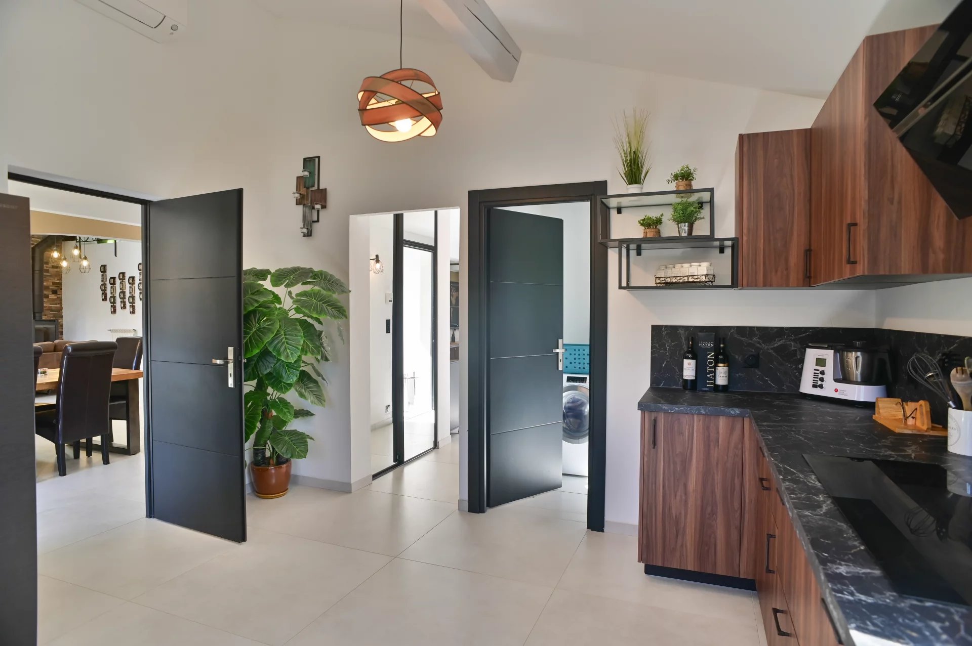 Modern open-plan kitchen with dark doors, wooden cabinets, and a black marble countertop; a large potted plant sits by the entrance.