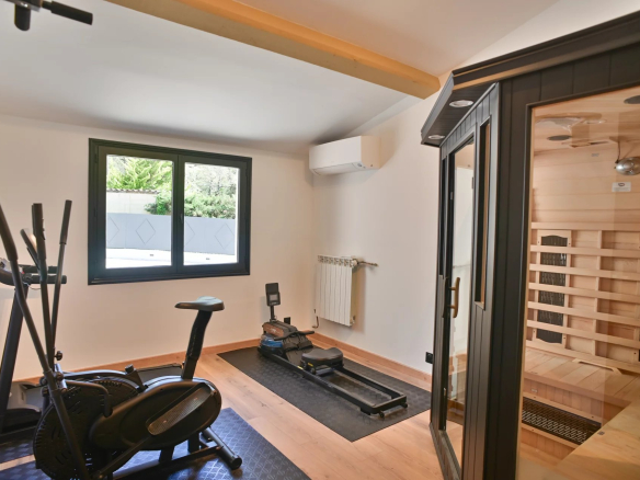 Home gym with an elliptical trainer and a rowing machine on black mats, a window view outside, and a wooden-sauna room behind glass doors to the right.