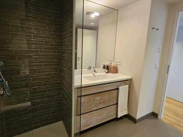 Modern bathroom with walk-in shower and wooden vanity.