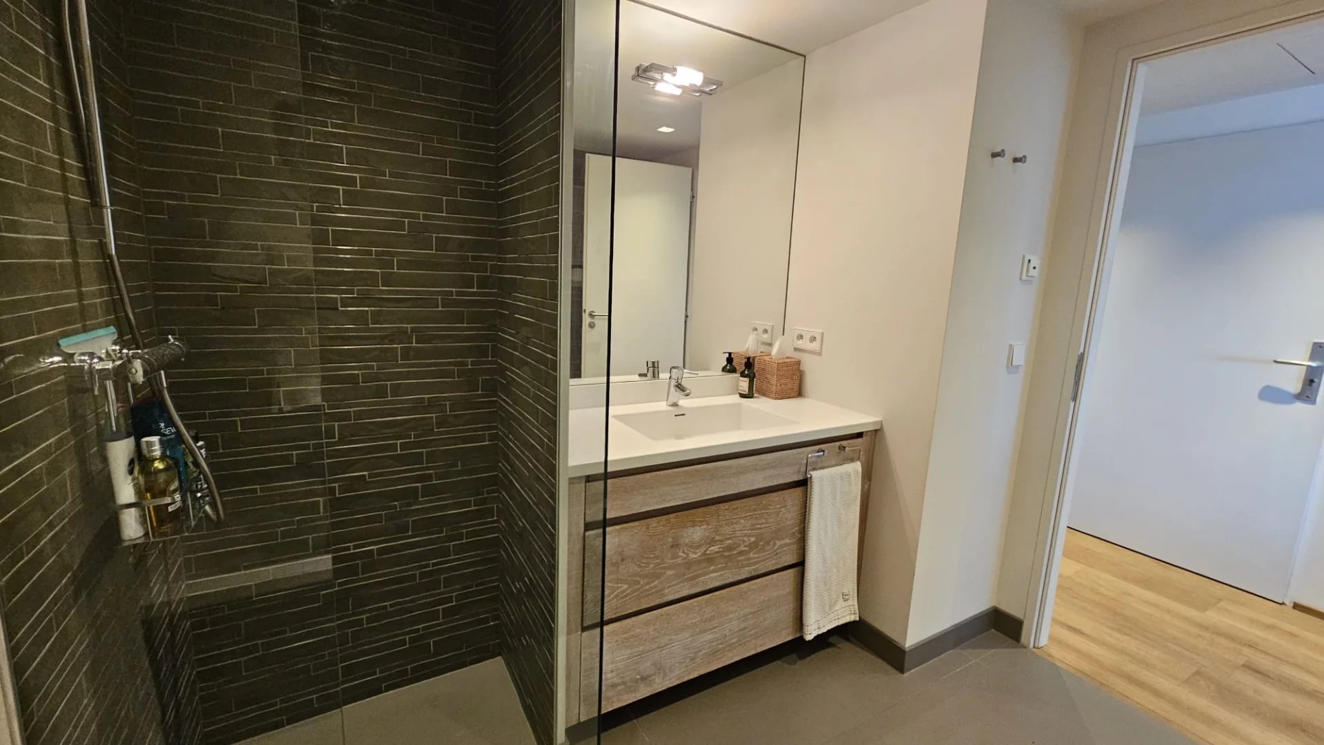 Bathroom of an apartment in Antibes Modern bathroom with walk-in shower and wooden vanity.