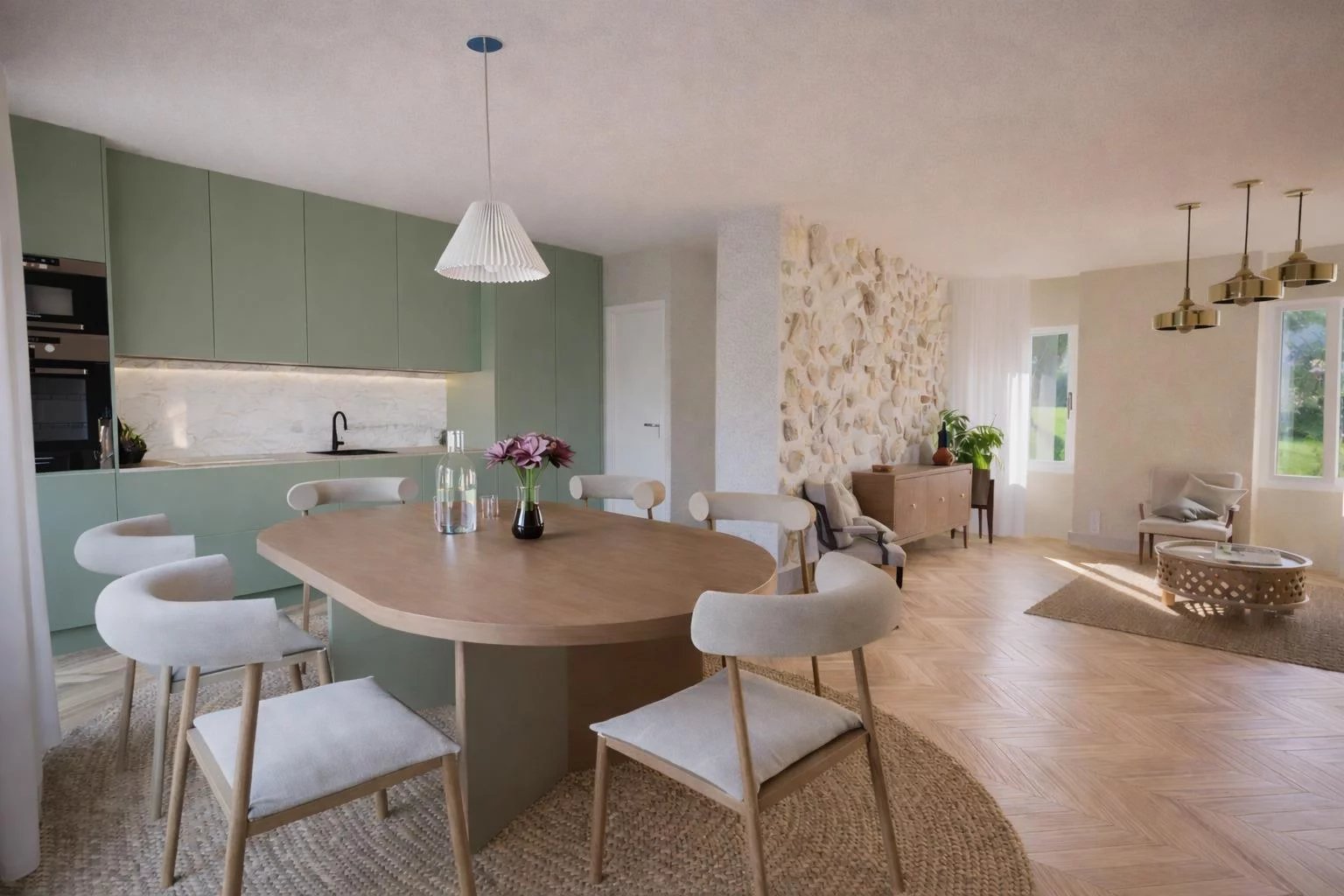 Intérieur d'un appartement rénové avec cuisine moderne et salle à manger, mobilier contemporain.