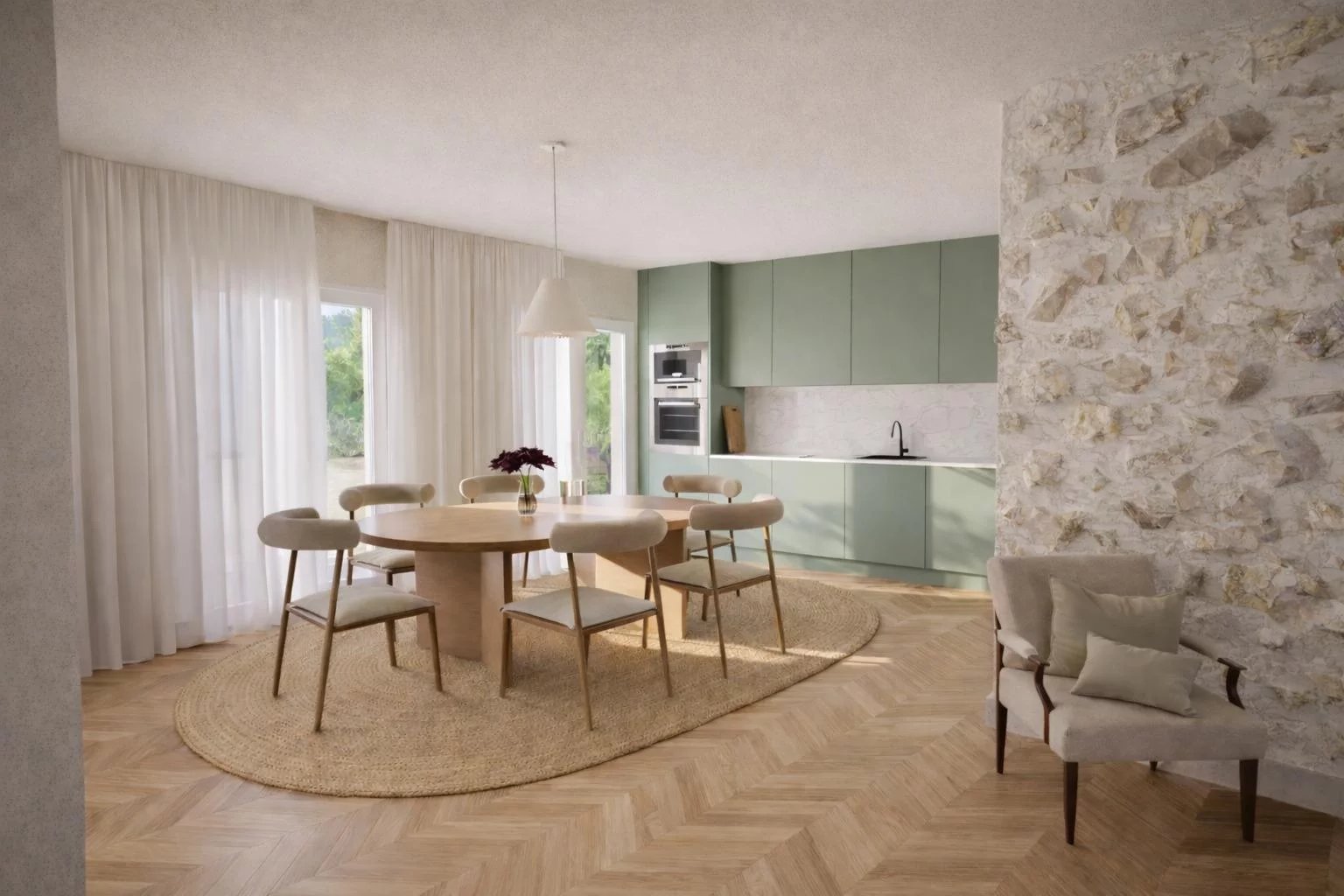 Intérieur d'un appartement rénové avec cuisine moderne et salle à manger, fenêtres lumineuses.