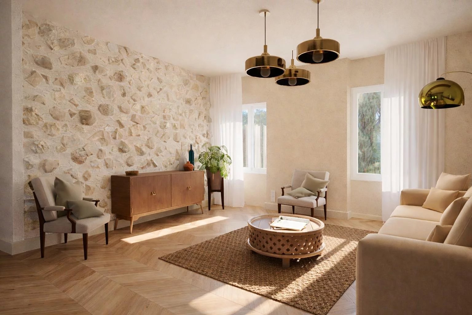 Salon d'un appartement rénové avec murs en pierre, mobilier contemporain et lumière naturelle à Antibes.