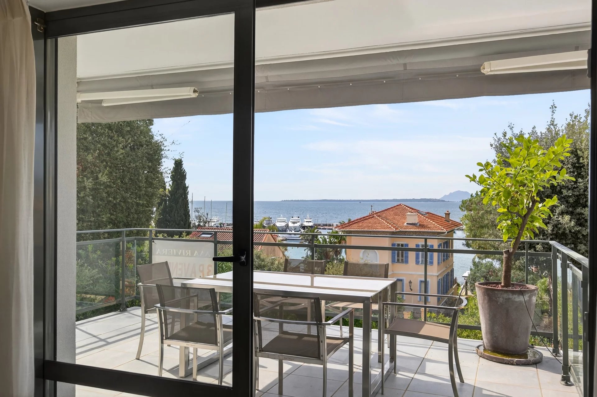 Terrace with sea view, Cap d'Antibes View from an apartment terrace with the sea in the background, Cap d'Antibes.