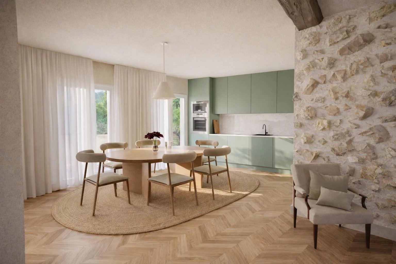 Appartement rénové à Antibes Intérieur d'un appartement rénové à Antibes, avec salle à manger, cuisine moderne et murs en pierres.