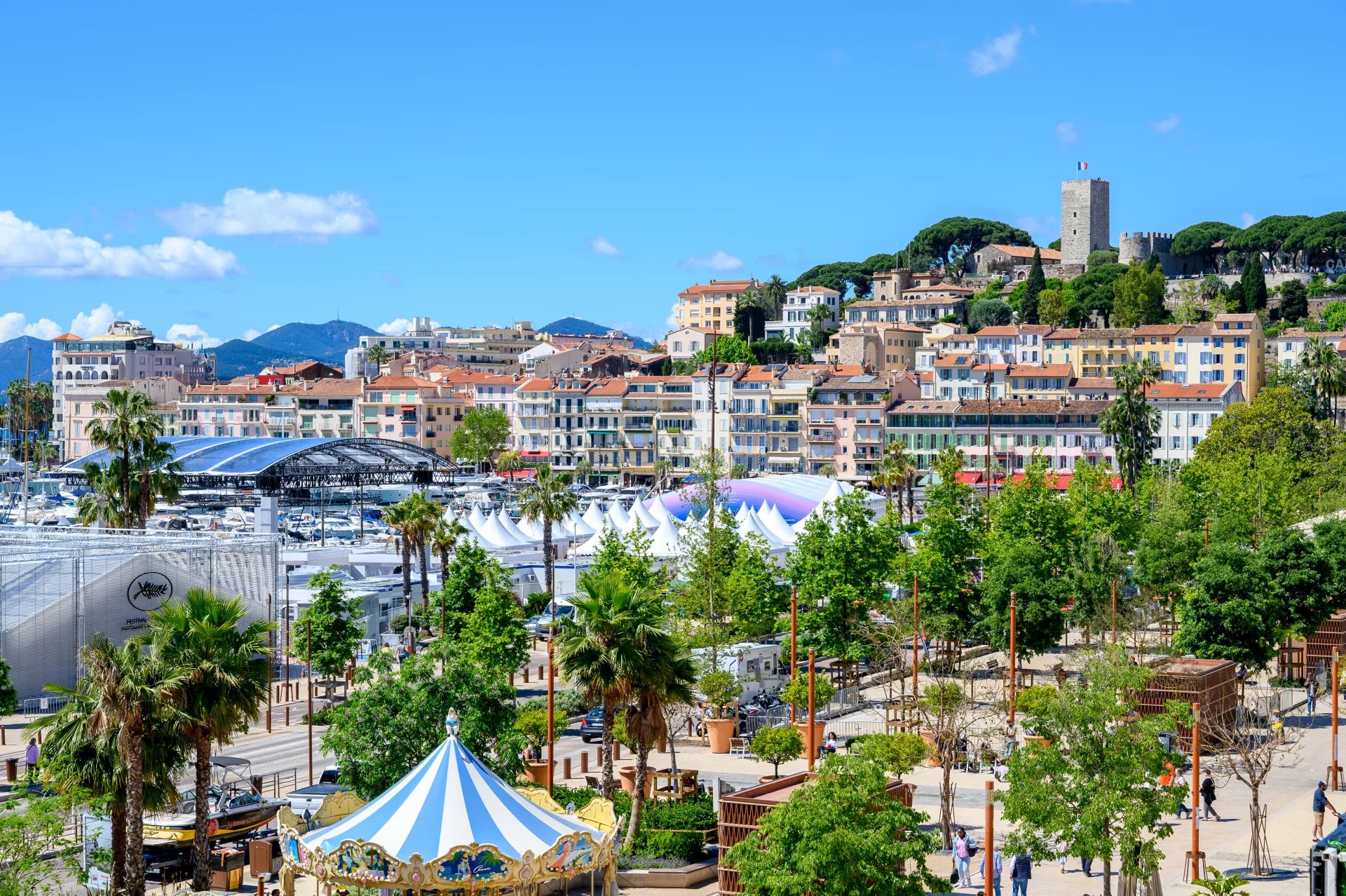 View of the Old Port of Cannes View of the Old Port of Cannes with colorful buildings and palm trees in the foreground.