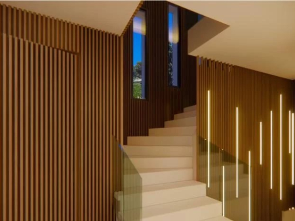 Intérieur d'une villa moderne avec escalier et murs en bois à Èze.
