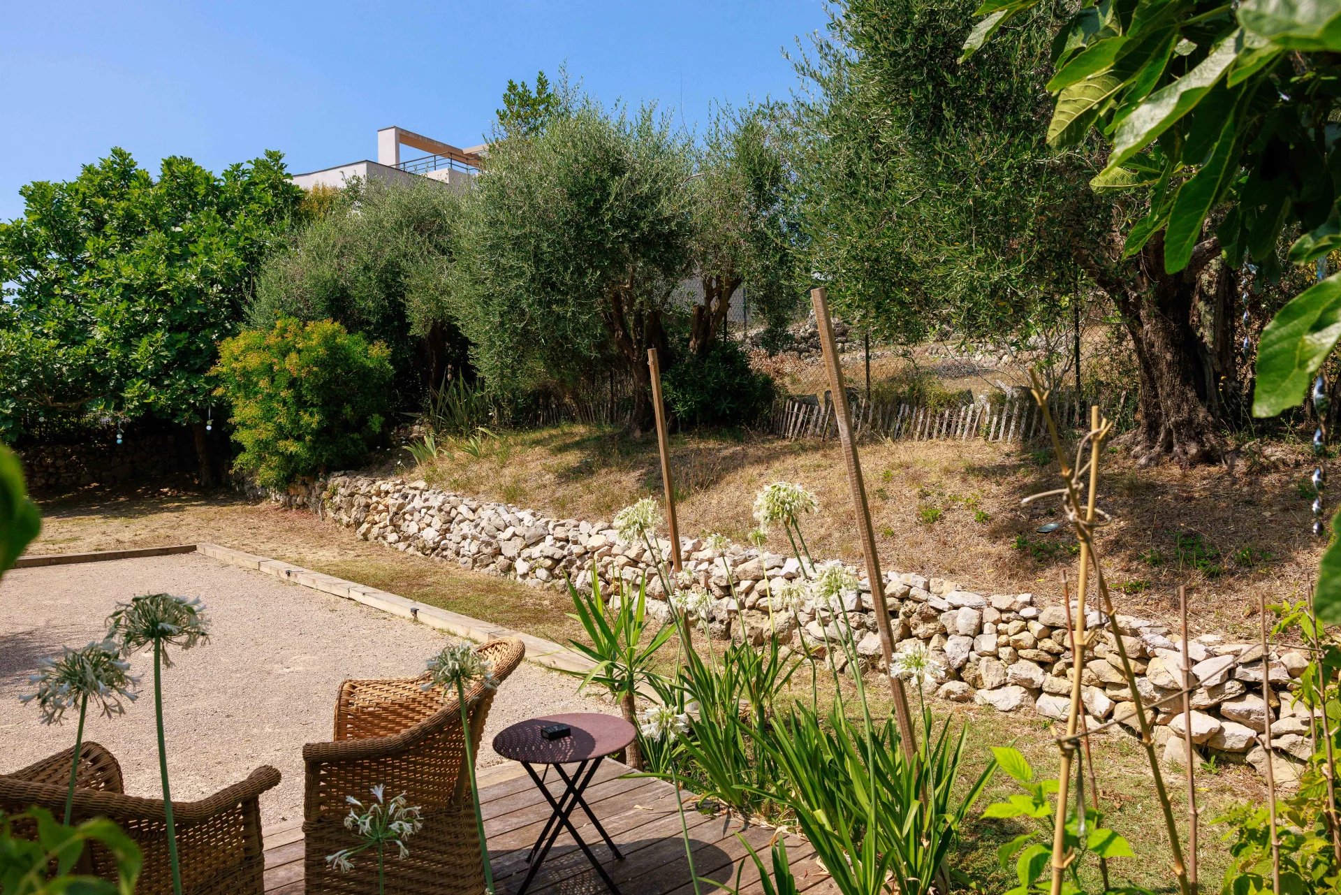 Jardin de bastide rénovée à Mougins Jardin paysager d'une bastide rénovée avec des chaises en osier et des plantes.