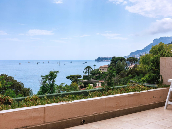 Panoramic sea view from an apartment terrace in Roquebrune-Cap-Martin.
