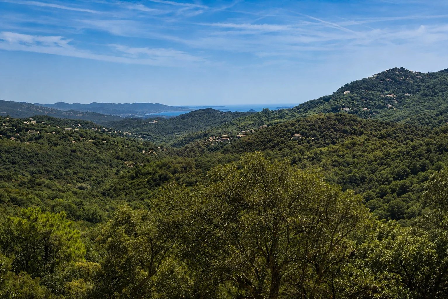 Panoramic view of the green hills and the sea from Les Adrets-de-l'Estérel.
