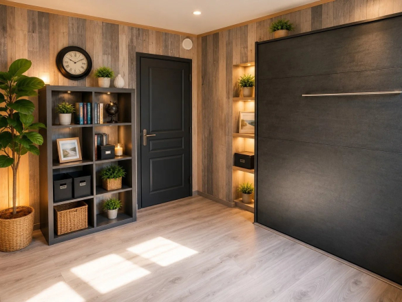 Interior of a modern house with a wooden wall, a storage unit and a Murphy bed.