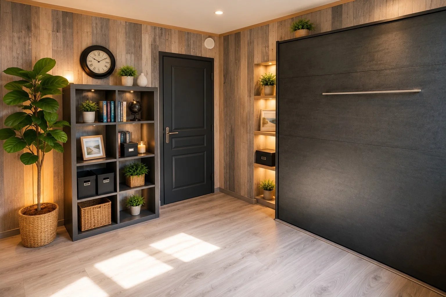 Interior of a modern house with a wooden wall, a storage unit and a Murphy bed.