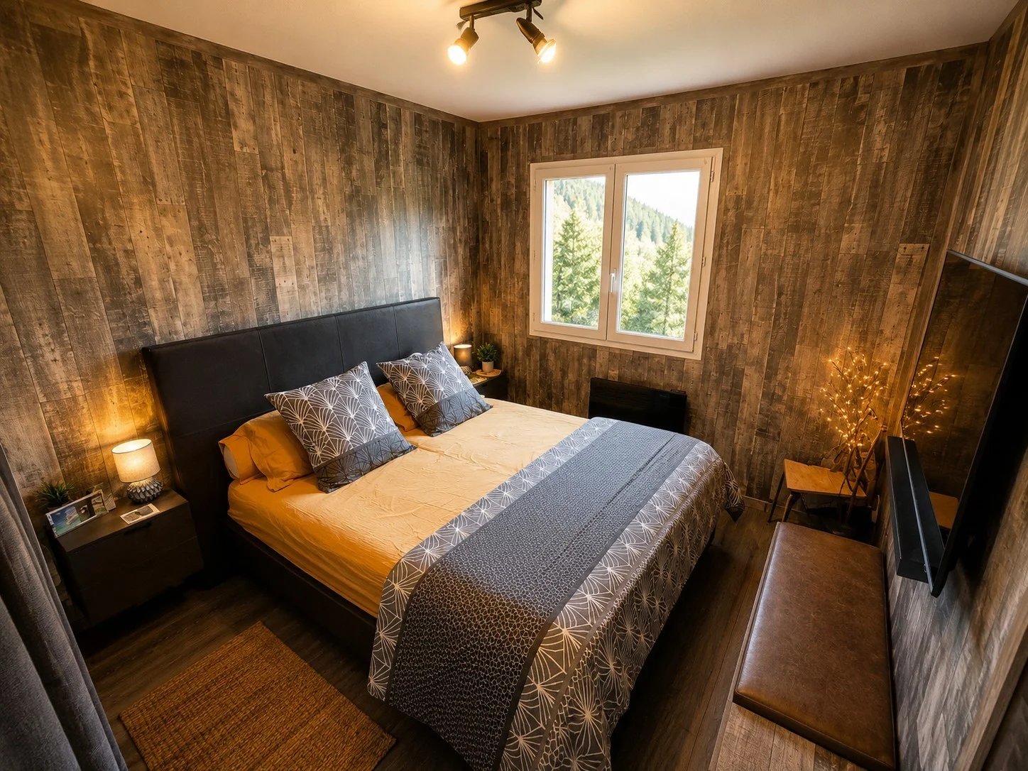 Room in a house with wooden walls, double bed and nature view.