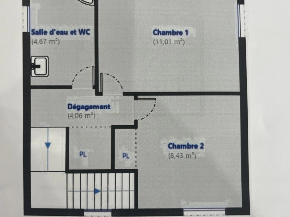 Floor plan of a house with two bedrooms and a bathroom.
