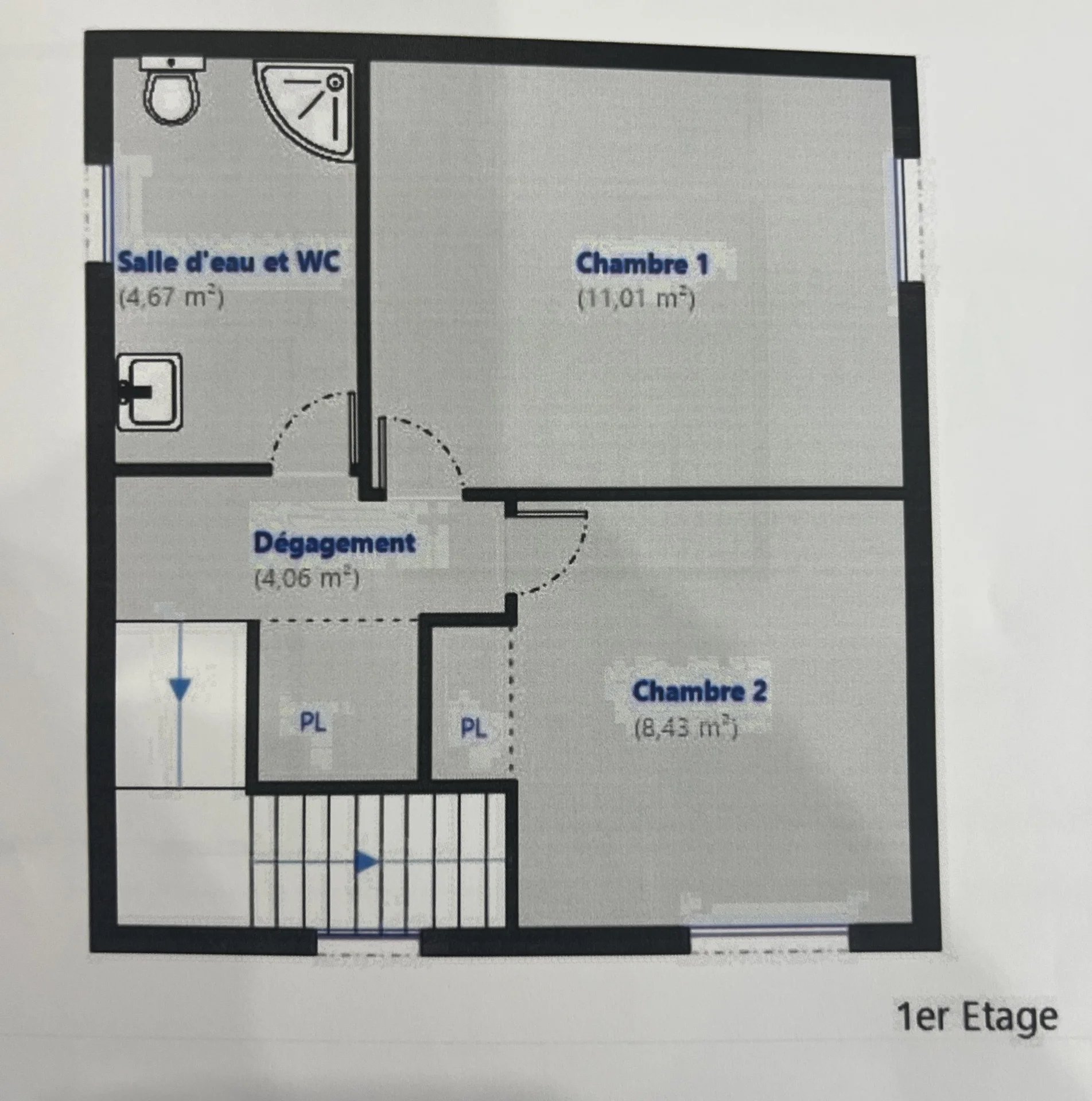 Floor plan of a house with two bedrooms and a bathroom.