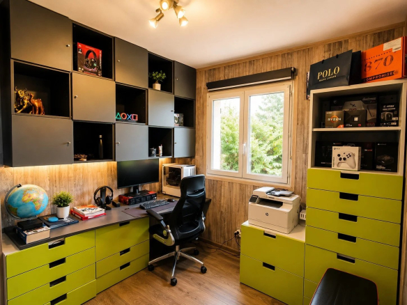 Modern office with storage furniture and computer equipment.