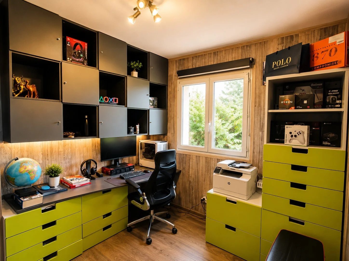 Modern office with storage furniture and computer equipment.