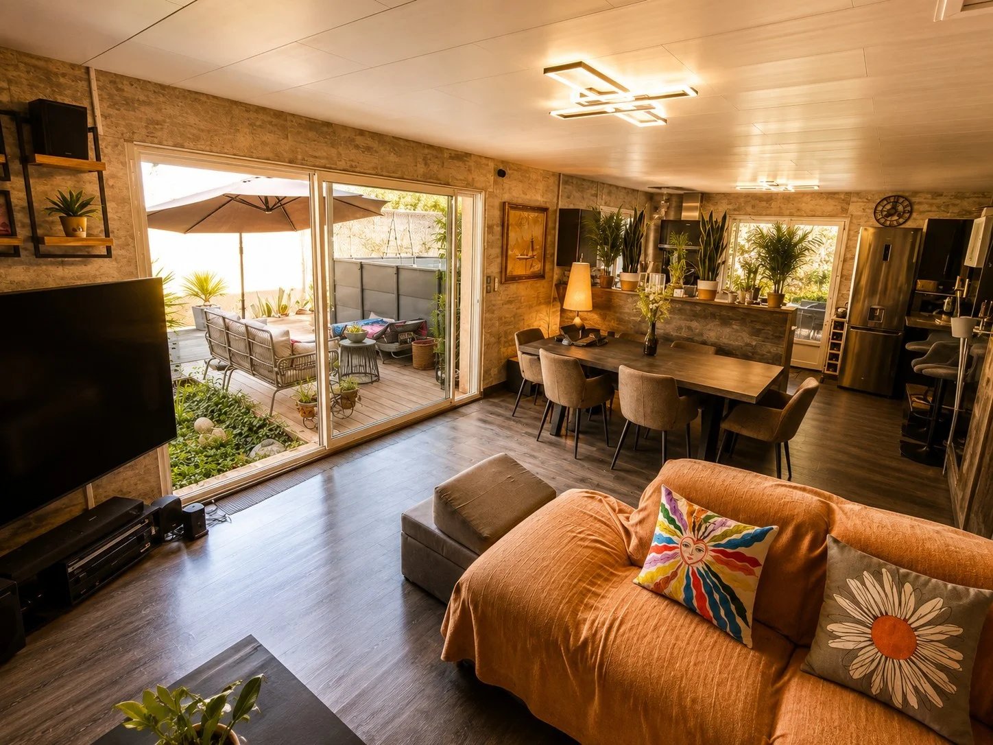 Interior of a modern house with living room, dining room and access to a terrace.