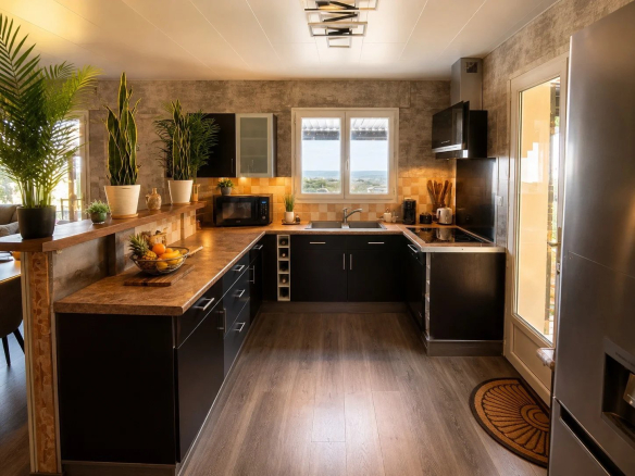 Modern kitchen with wooden worktop and views of the hills.