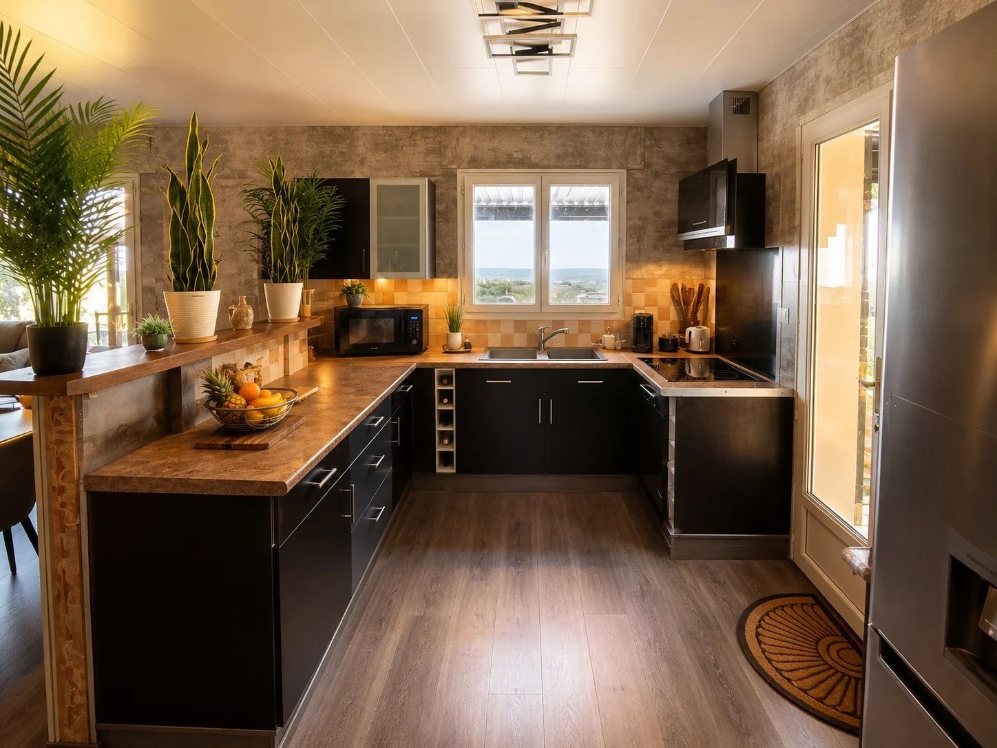 Modern kitchen with wooden worktop and views of the hills.