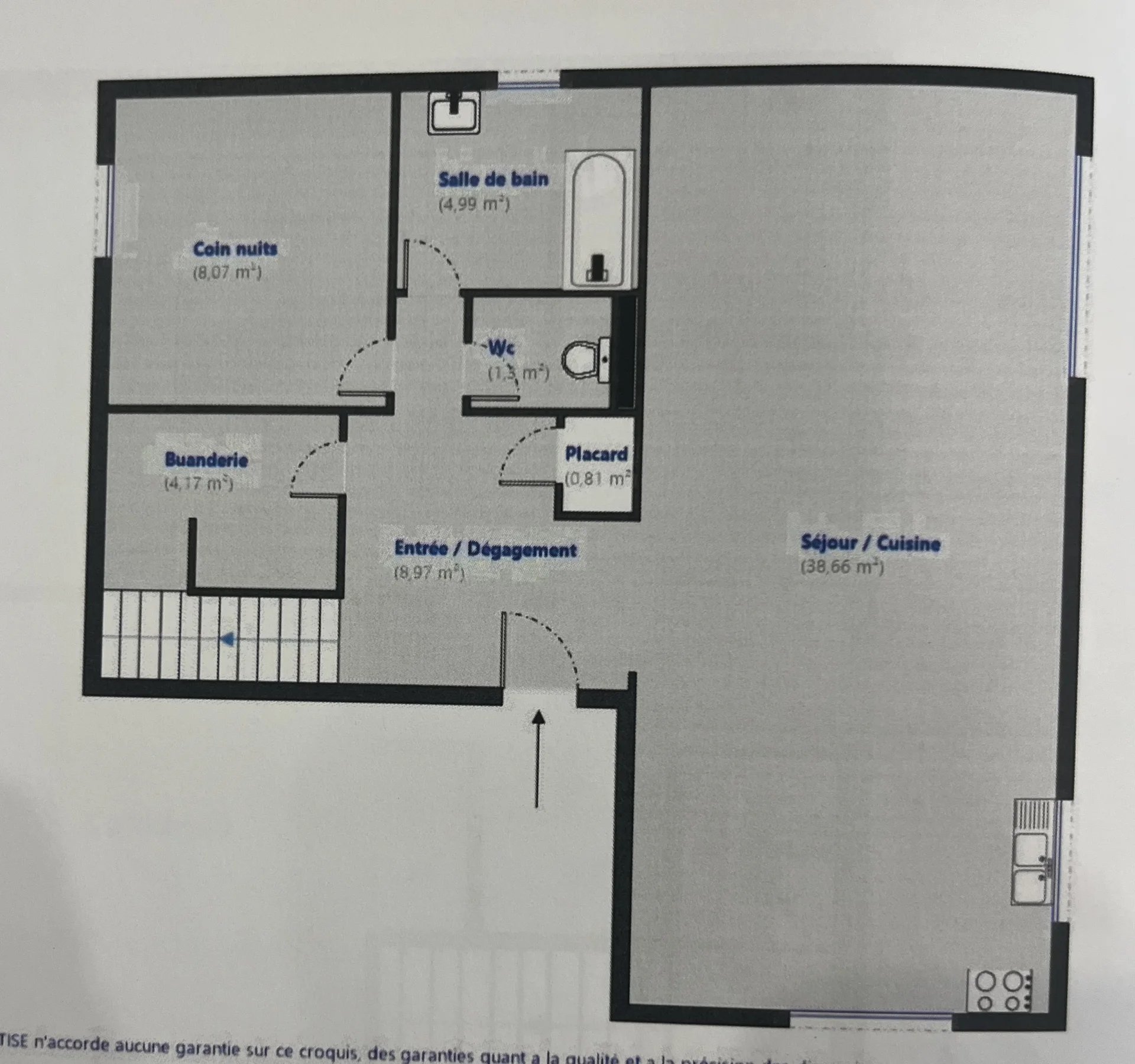 House plan with living room, kitchen, three bedrooms and bathroom.