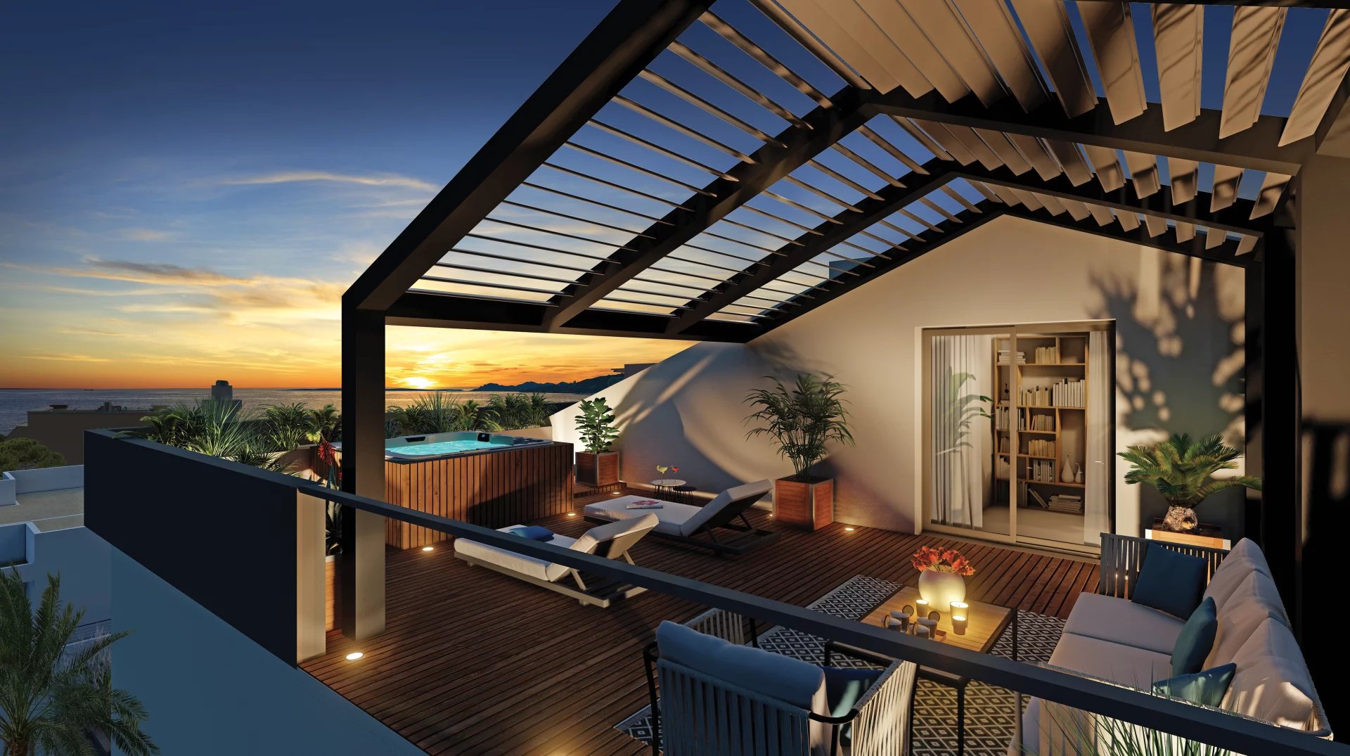 Penthouse avec toit terrasse à Juan-les-Pins Terrasse en duplex avec jacuzzi et vue sur la mer à Juan-les-Pins au coucher du soleil.